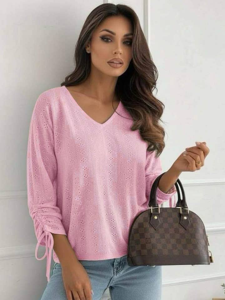 Vesi Openwork V Neck Blouse Top-Baby Pink for wholesale by Catwalk Wholesale