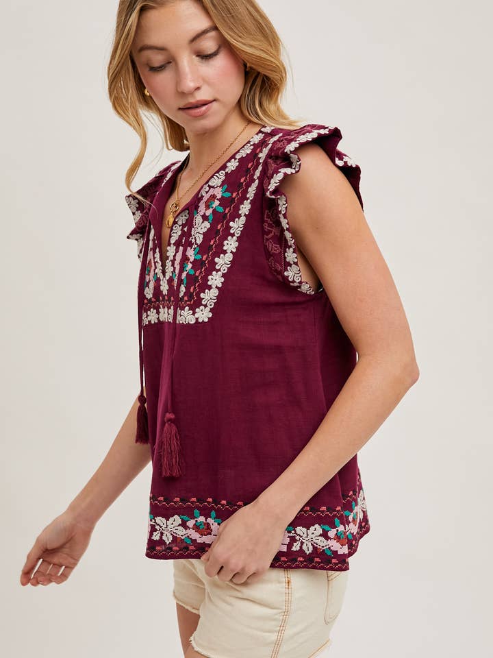 Bluivy - Wholesale Top - Maternity - BOHO EMBROIDERED RUFFLED SLEEVE DRAWSTRING TOP