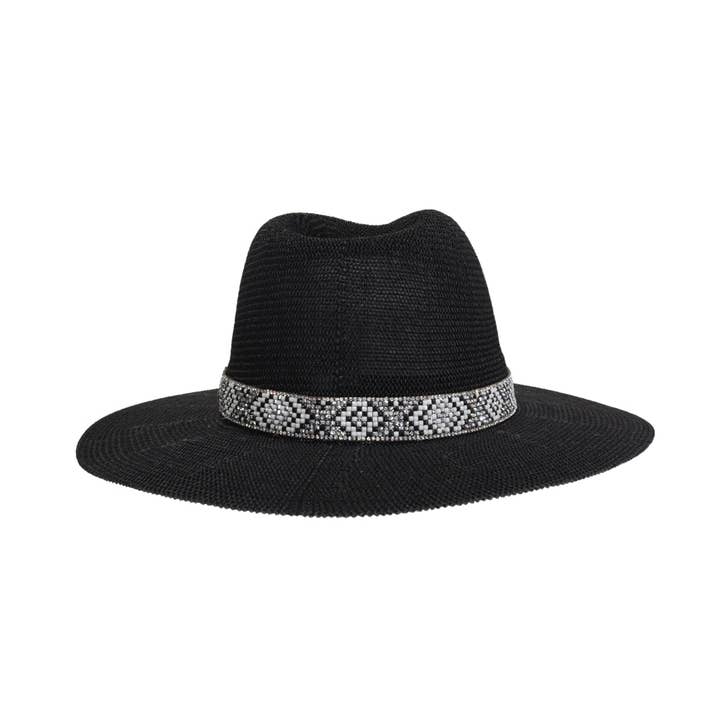 C.C Beanie - Wholesale Straw Hat - Women's - Knit Seed Bead/Rhinestone Band Panama Hat KPC00015