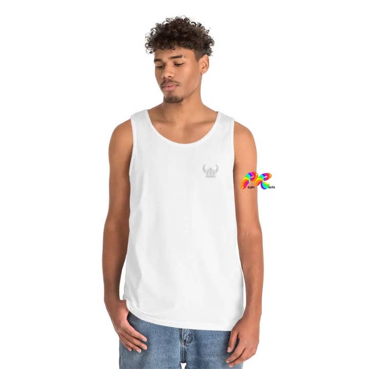 Vikinghelm en pijl, uniseks tanktop van zwaar katoen voor wholesale door Prism Raves