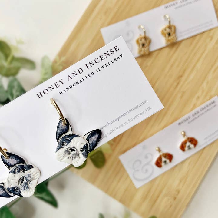 The French Bulldog Earrings for wholesale by Honey and Incense