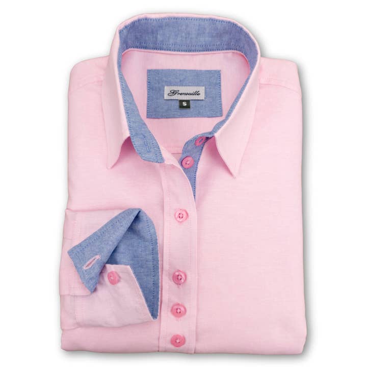 Chemise Oxford bleu rose à manches longues pour femme Grenouille pour la vente par Salamander Shirts Ltd