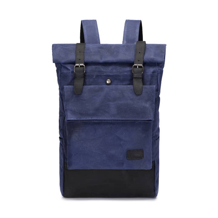 JACK - Genuine leather and coated canvas backpack - Blue for wholesale by apocope.paris