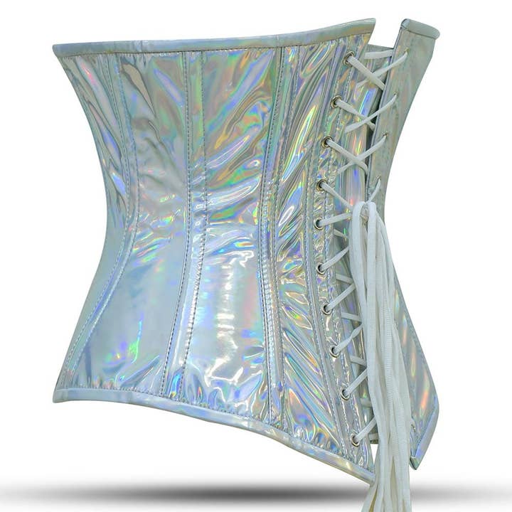 Women Shiny Silver Half Bust Corset - PVC Laced Corset Top for wholesale on Faire1