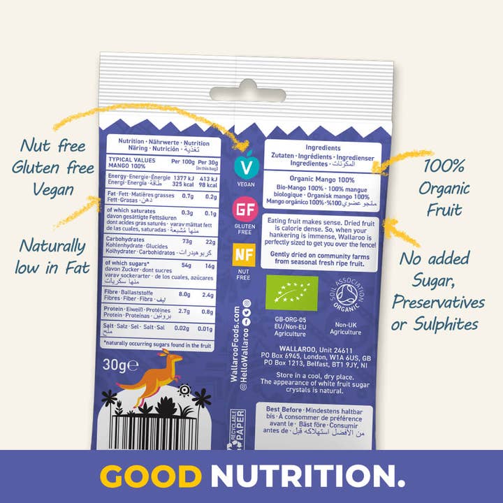 WALLAROO – Großhandel Getrocknete/dehydrierte Früchte – Wallaroo Bio getrocknete Mangoscheiben 10 x 30 g2