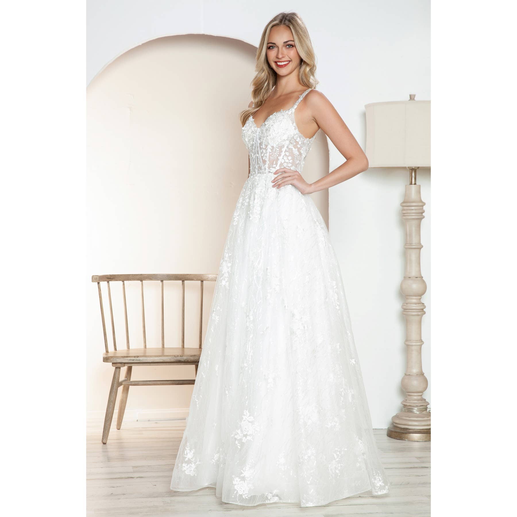 OFF WHITE JT2495AW 3D floral ballgown with sheer corset bodice for wholesale on Faire4