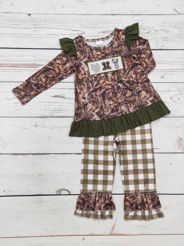 sassy kids palace - Wholesale Top & Pant Set - Kids - Girls Camouflage Appliqué Checkered Pants Set