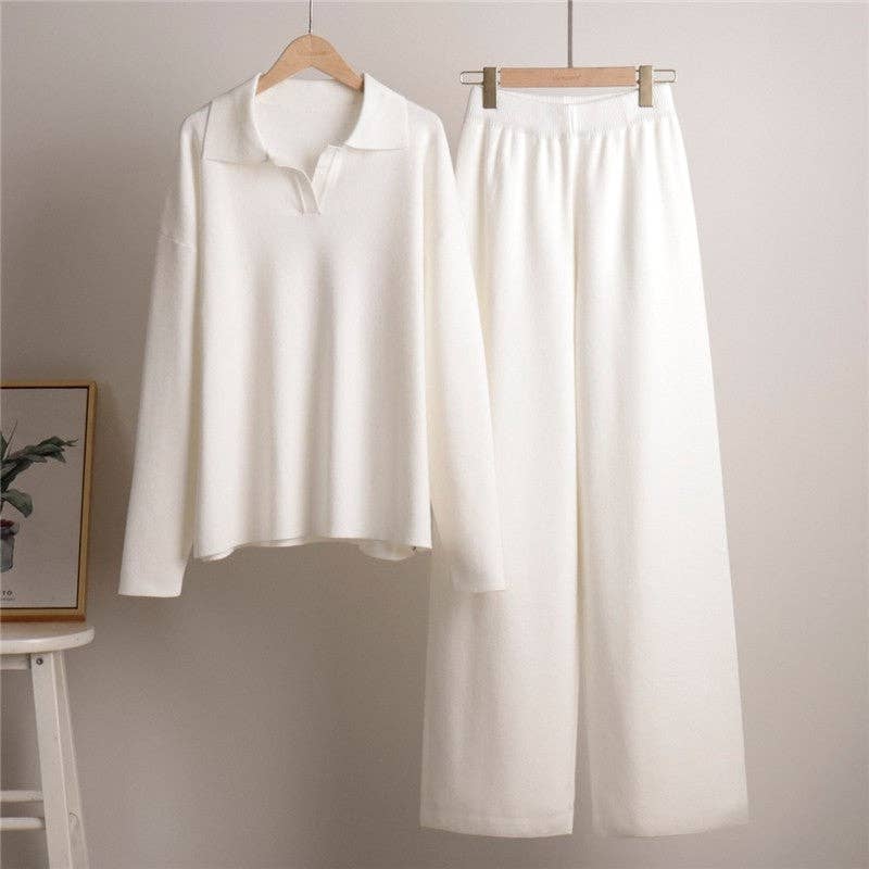 OceanusSwim - Wholesale Lounge Set - Women's - Polo Neck Knit Sweater Wide Leg Pants Set4