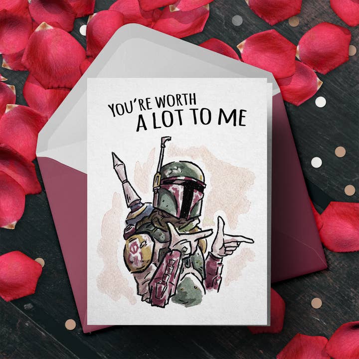 Aaron Millard Illustration – wholesale Valentine's Day card – "Worth a Lot to Me" - Galactic SciFi Nerdy Valentine Card