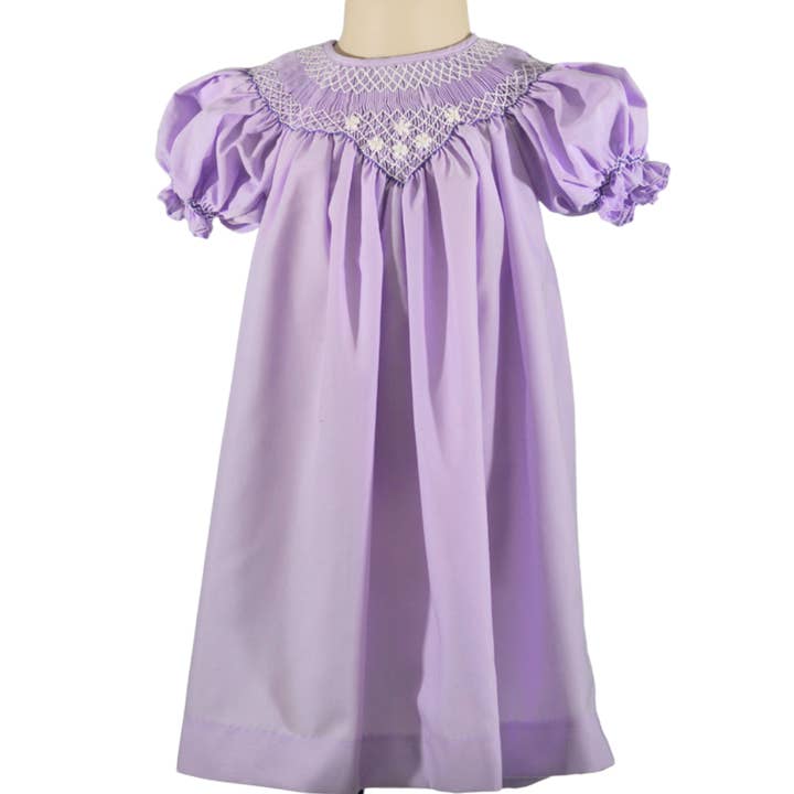 Lavender Geometric Smocked with White Flowers Short Sleeve Bishop Dress for wholesale by Hello Bebes!