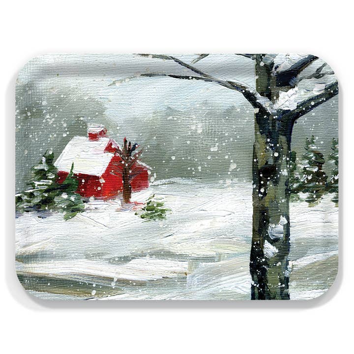 Snowy Barn Winter Serving Tray by Alyssa Watters for wholesale by Trays4Us