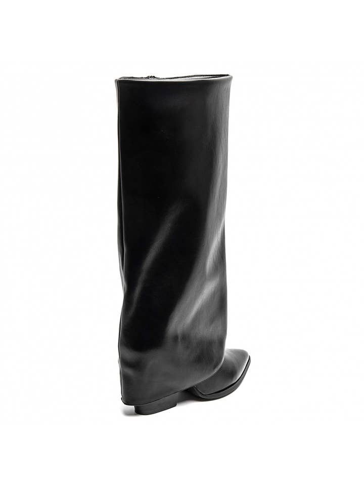 BLACK FOLD OVER MID BLOCK HEEL KNEE HIGH WESTERN COWBOY BOOT for wholesale on Faire4
