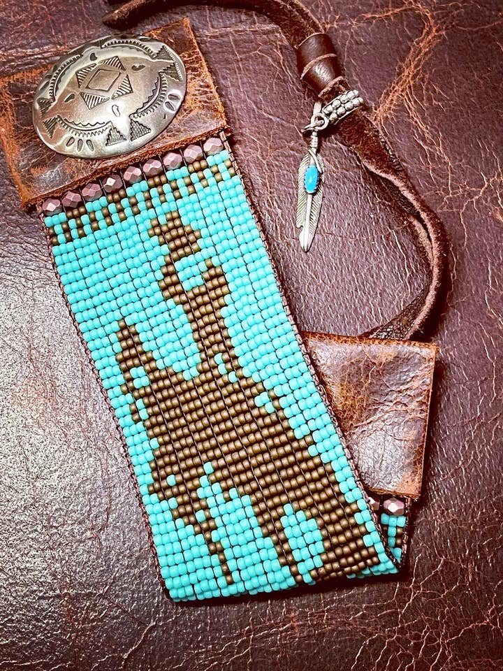 Turquoise Bronc Rider Hand Loomed Leather Cuff Bracelet for wholesale by Fleurdesignz Western Jewelry