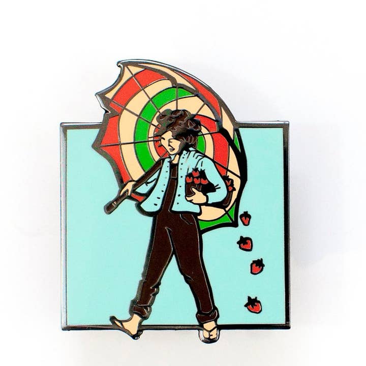 Strawberry Girl Enamel Pin for wholesale by Karen Hallion Illustration