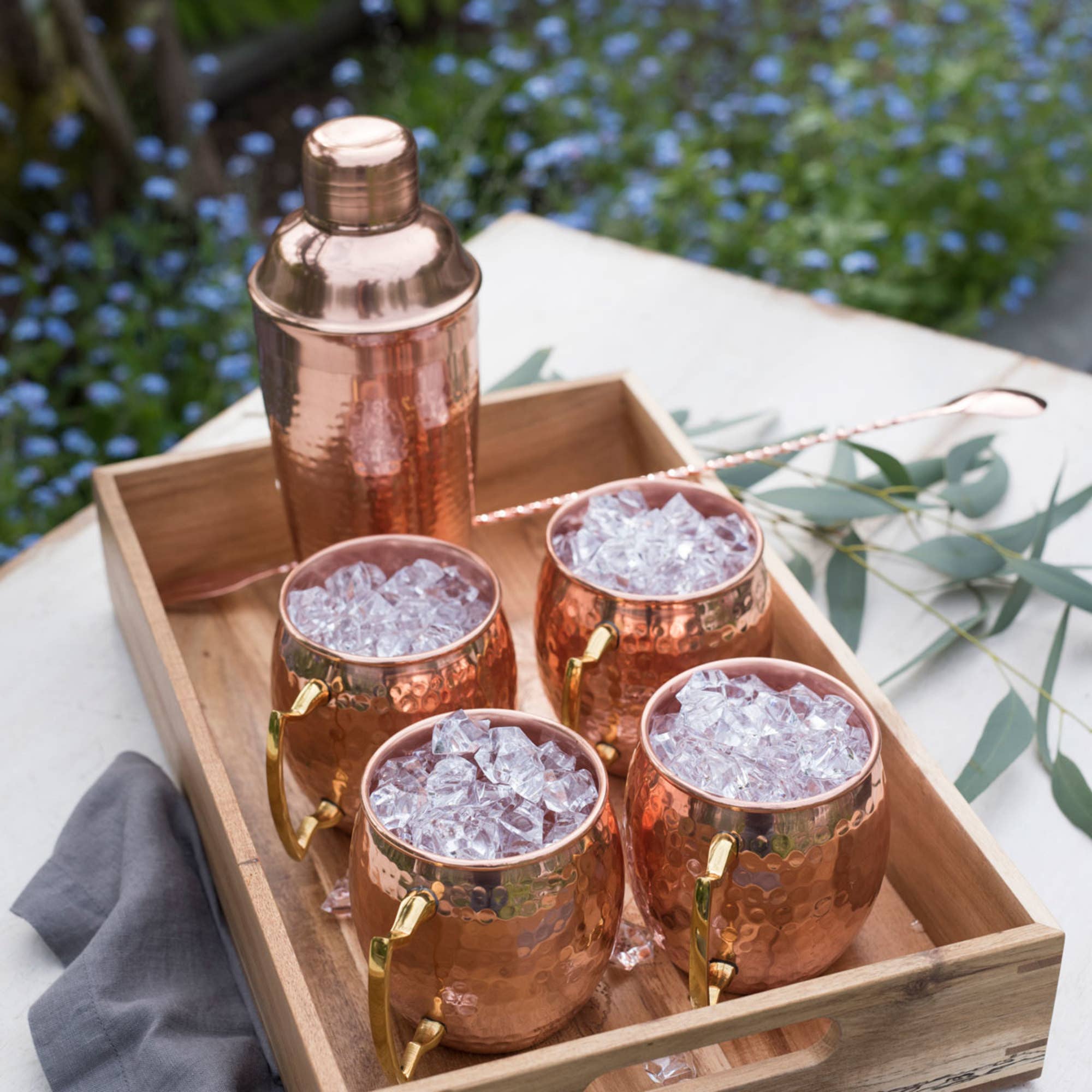 Twine - Wholesale Cocktail/Liquor Glass - Hammered Copper Plated Shaker and Moscow Mule Mugs Set of 32