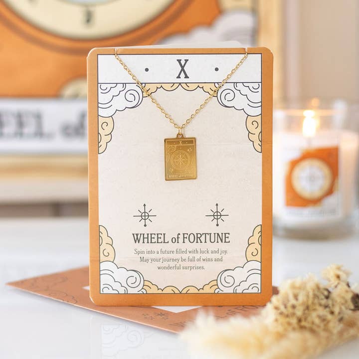 The Wheel of Fortune Vintage Tarot Card Necklace on Greeting Card for wholesale by Something Different Wholesale
