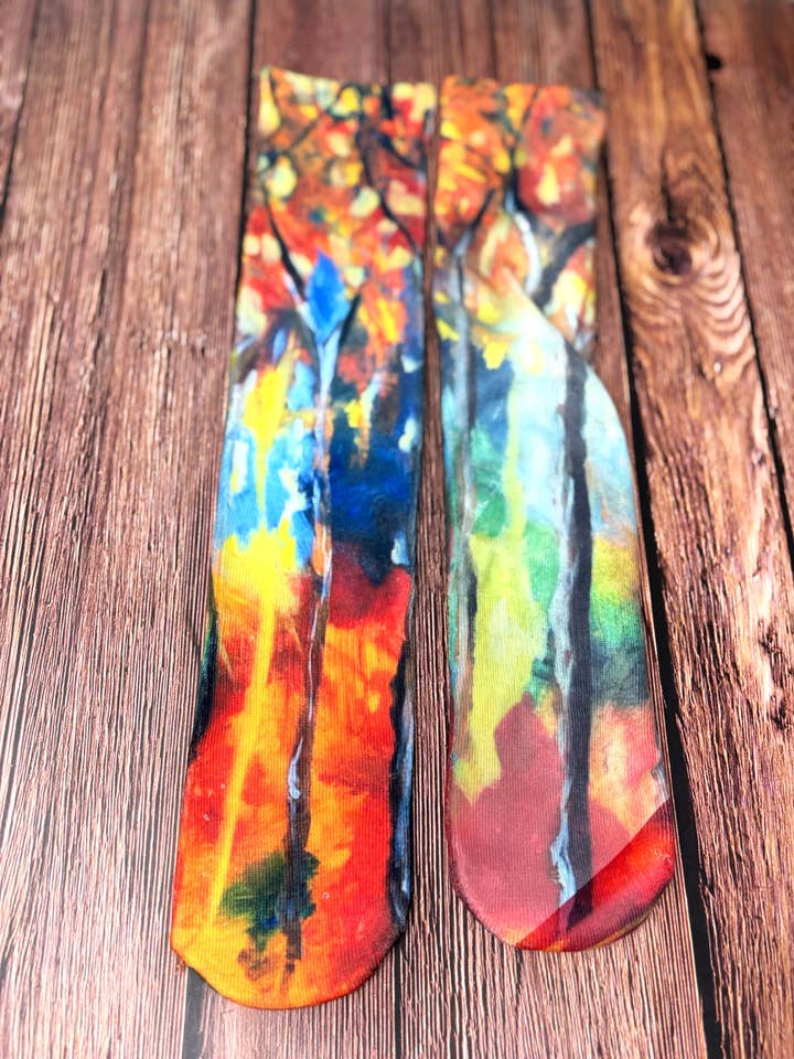 Colorful Forest Sublimation Socks for wholesale by Third Wolf Designs