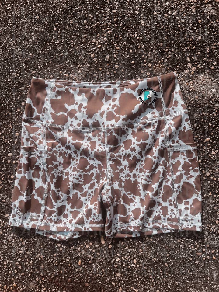 Down South Apparel and More - Wholesale Shorts - Women's - Brown Cow Print Biker ShortsÂ