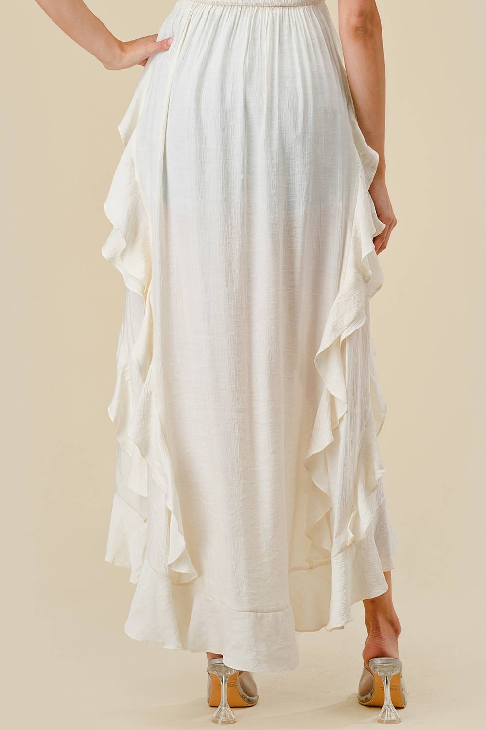 IVORY BT2850E / POLY CREPON HIGH LOW RUFFLED FULL LENGHT TUNIC TOP for wholesale on Faire6