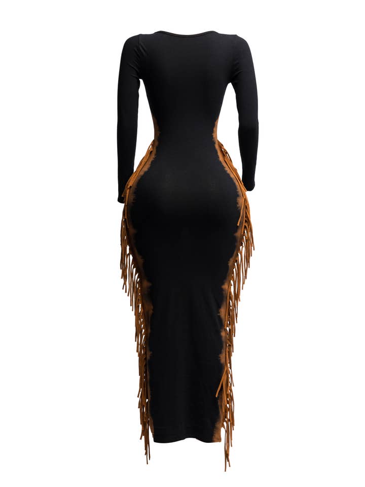 K Too - Wholesale Dress - Women's - Bleached two tone colorway side fringe maxi dress4
