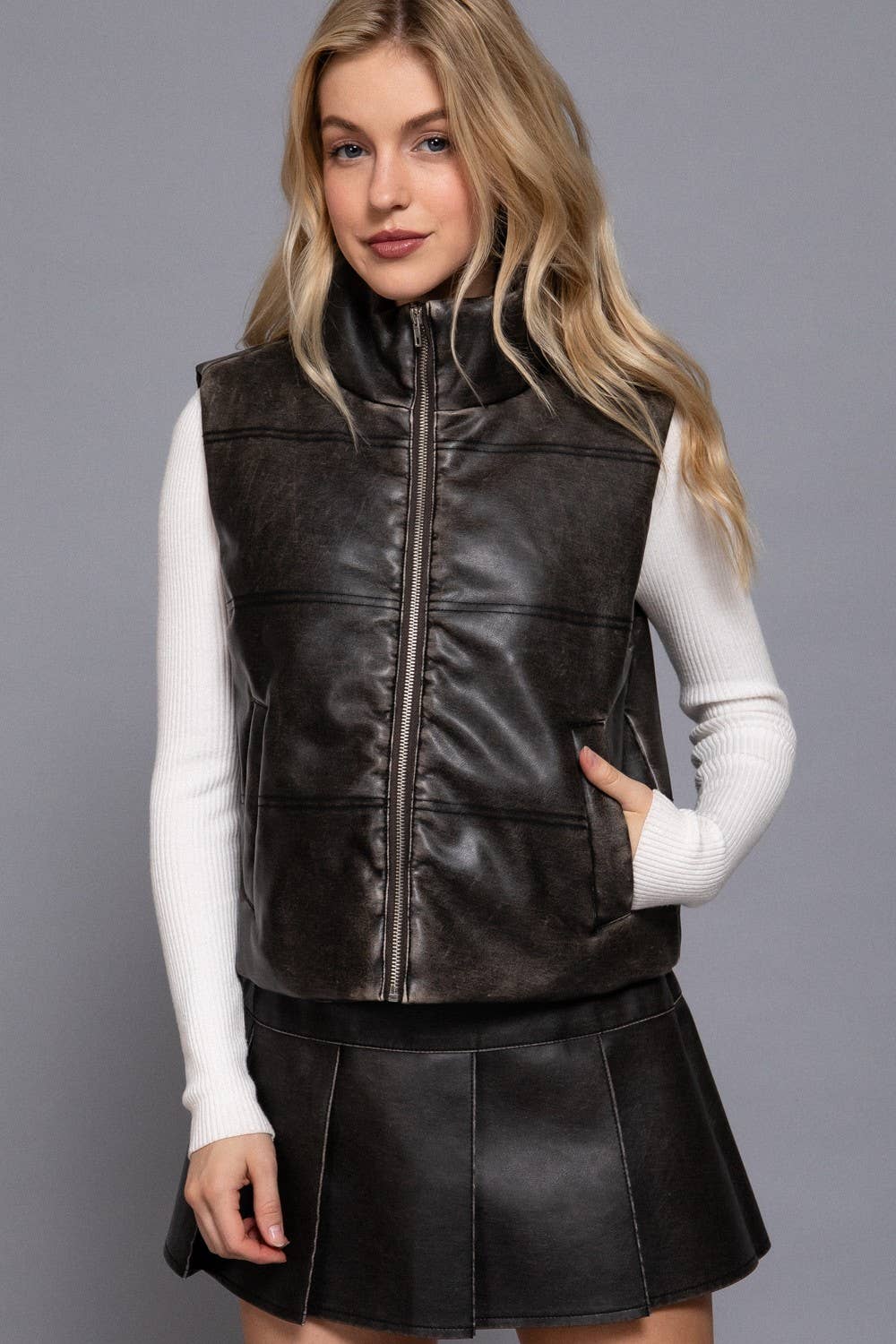Vanilla Monkey - Wholesale Outerwear Vest - Women's - Wash Effect Faux Leather Vest3