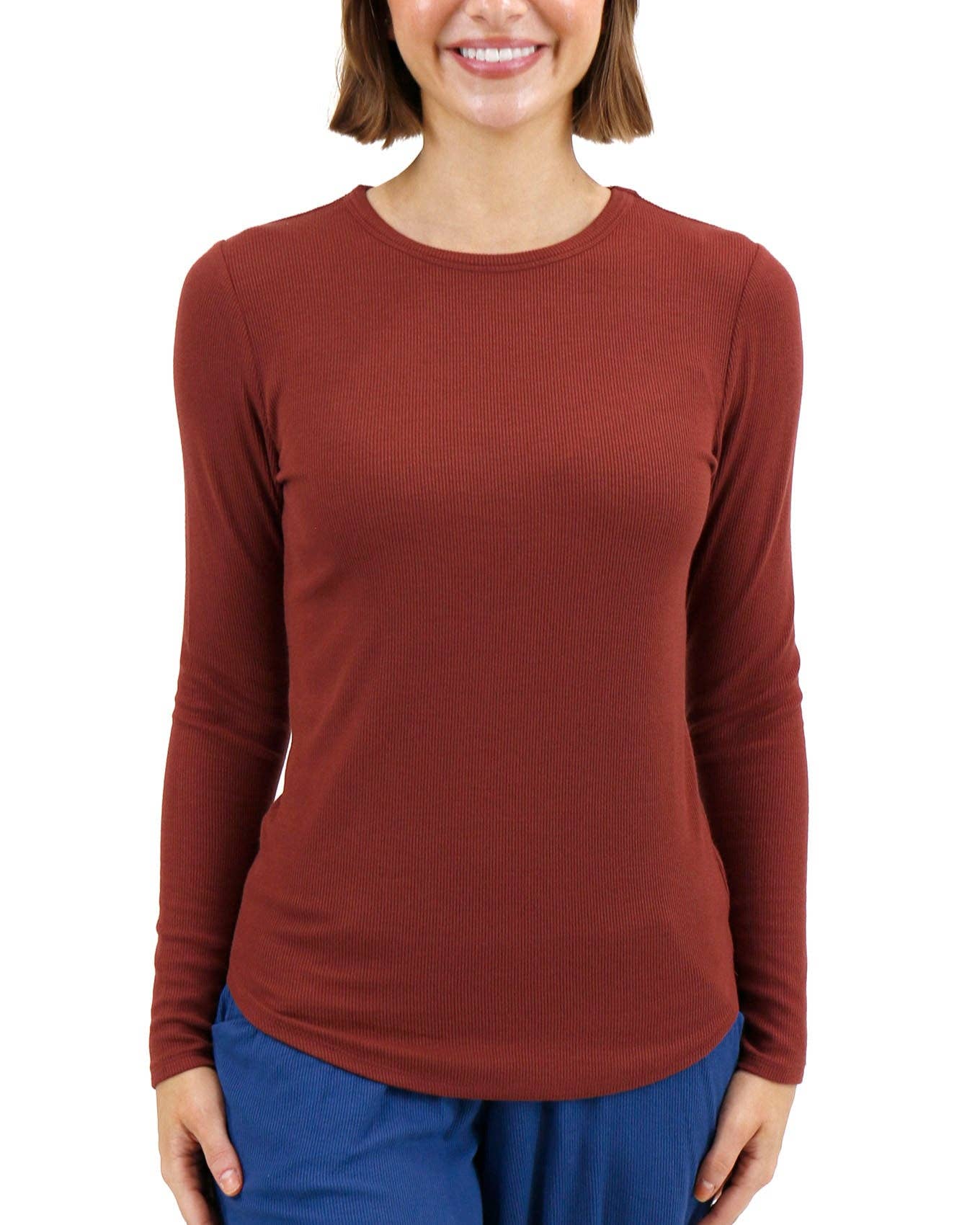 Essential Ribbed Long Sleeve Tee In Rust for wholesale on Faire5