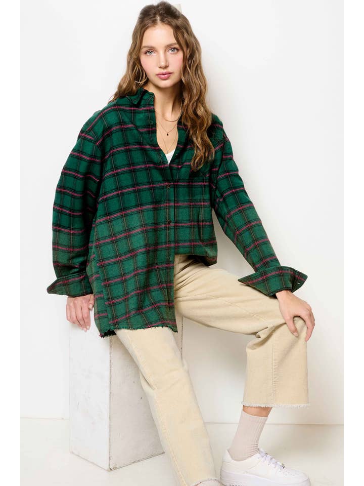 La Miel - Wholesale Buttoned-down shirt – Women's - SRT1329-Loose Fit Button Down Two-Tone Washed Plaid Shirts13