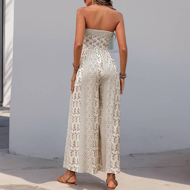 Lovesoft - Wholesale Jumpsuit - Women's - Strapless Smocked Romper Tube Top Flare Trousers Jumpsuit