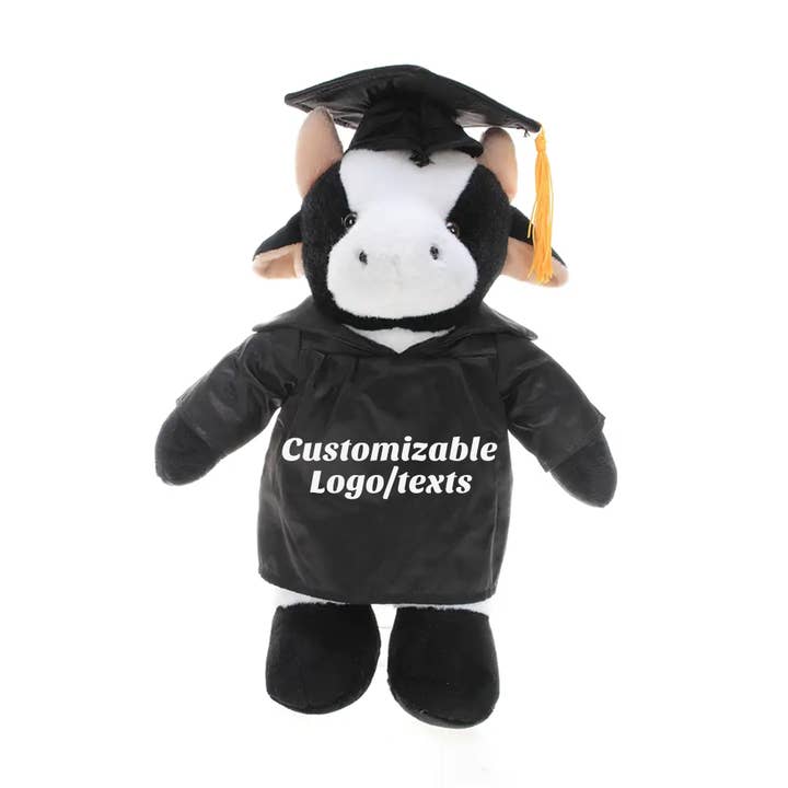 11″ Personalized Graduation Cow Plush in Custom Cap & Gown for wholesale by Plushland