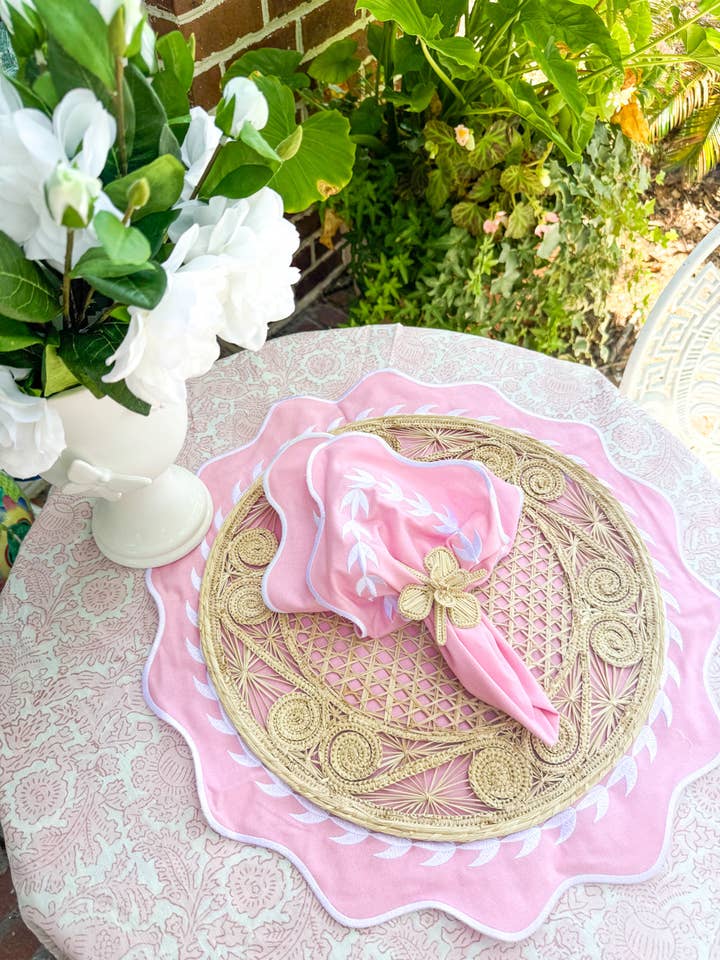 Embroidered Placemats / Napkins- Set of 2- Pink & White for wholesale by Verdigris Collection