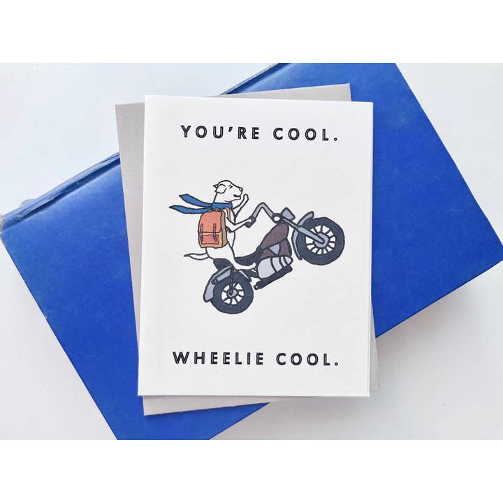 "Wheelie Cool" Motorcycle Dog Birthday Card for wholesale by HEI LO CARDS