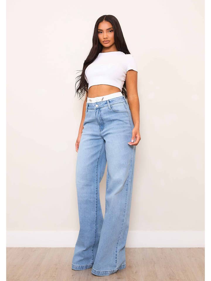 Lys Sten Jeans med dobbelt talje med høj højde og brede ben for engroshandel på Faire