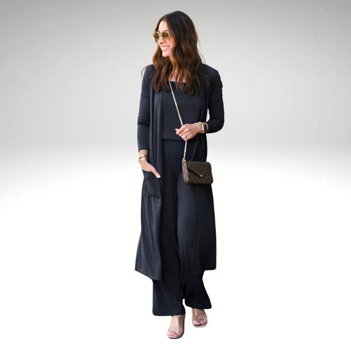 Tredelt ribstrikket cardigan- og buksesæt for engroshandel hos The Lounge Edit