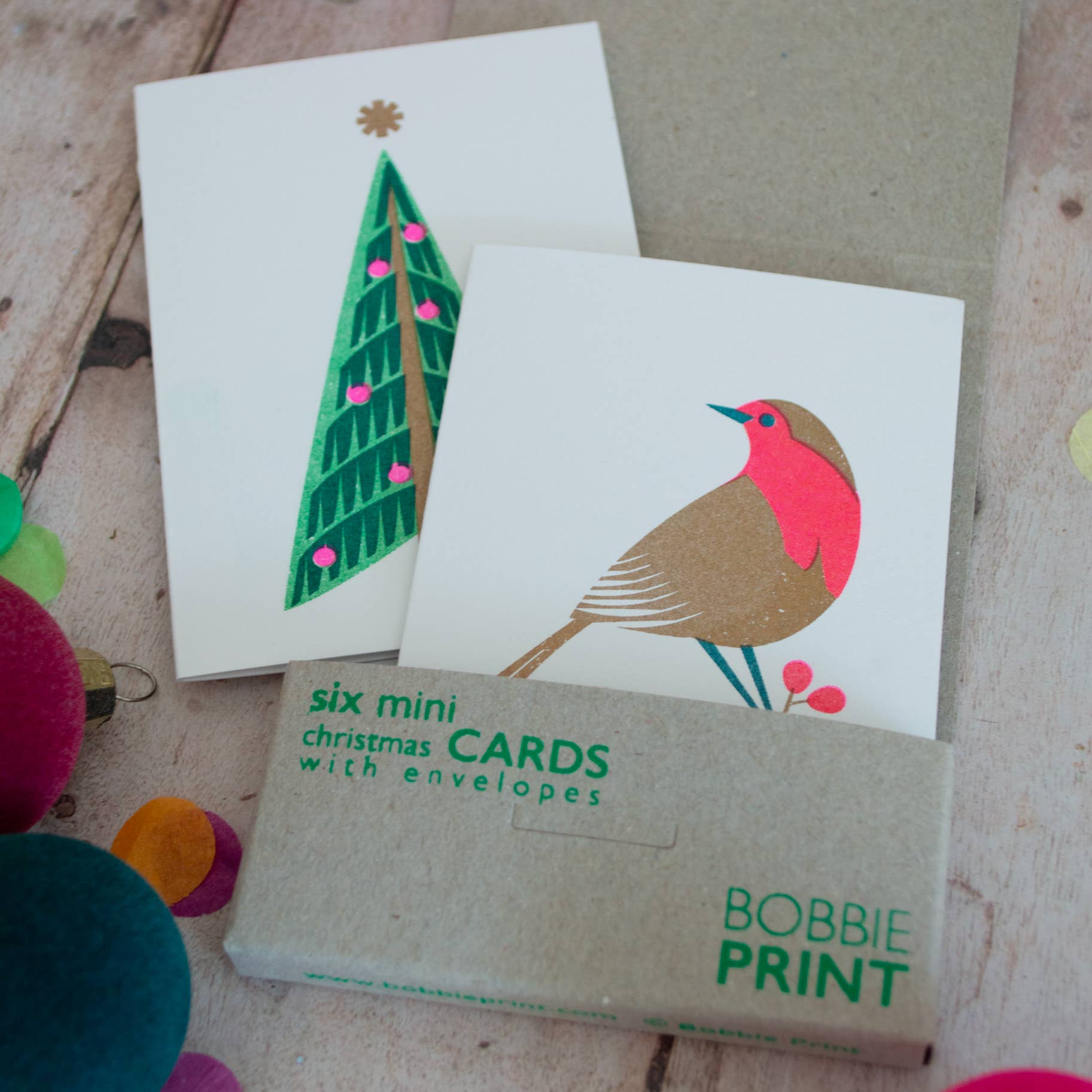 Bobbie Print – wholesale Christmas card – Boxed Set of 6 Mini Risograph Printed Christmas Cards Green4