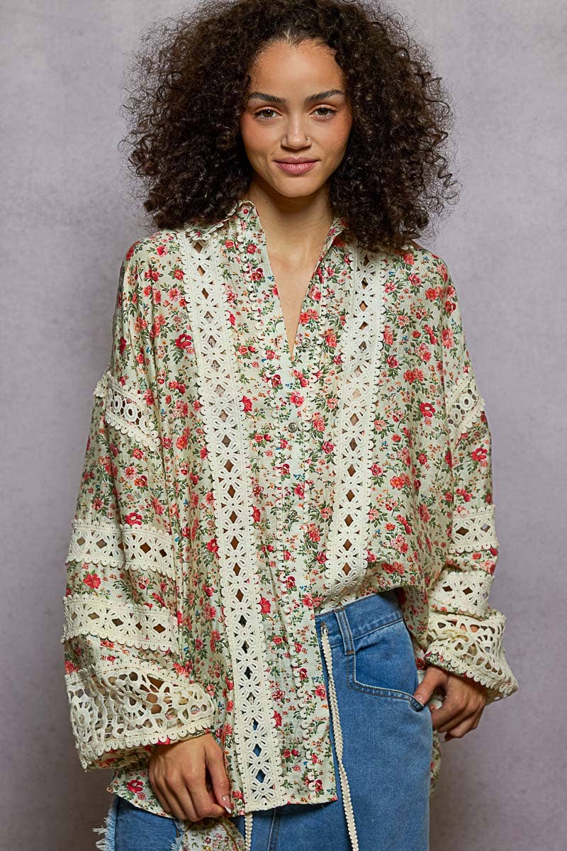 Pol Clothing - Wholesale Button Down Shirt - Women's - Balloon Sleeve Trim See-through Floral Printed Shirt Top0