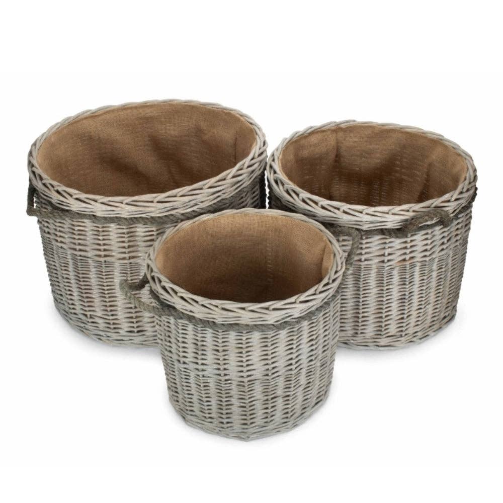 Red Hamper - Wholesale Basket - Wicker Grey Wash Round Hessian Lined Log Basket4
