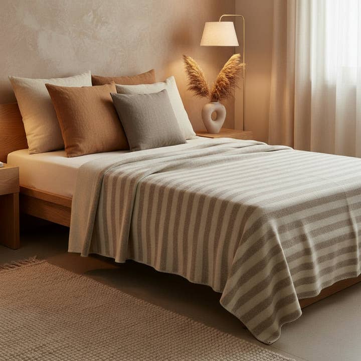 Single bed blanket LANAITALIANA - 100% Virgin Merino Wool - Bajadera - NATURAL for wholesale by Bottoli