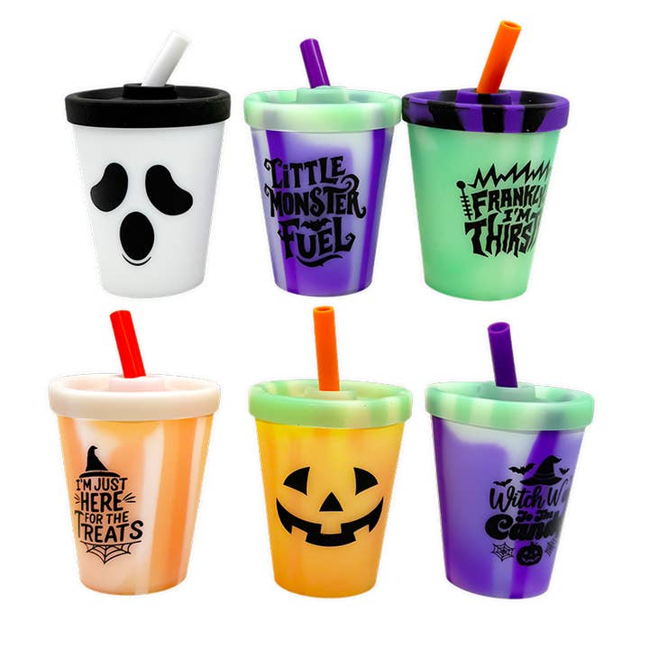 Novelty Brands - Wholesale Drinking Glass/Cup - Kids & Baby - Halloween 8oz Silicone Kids Cup with Lid & Straw - 6/Display1