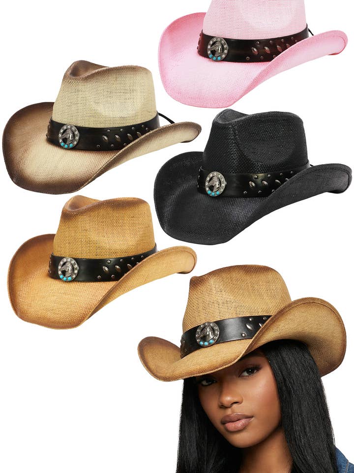 Turkos Beströdd Häst Vävd Strå Cowboyhatt för wholesale av Cap Zone