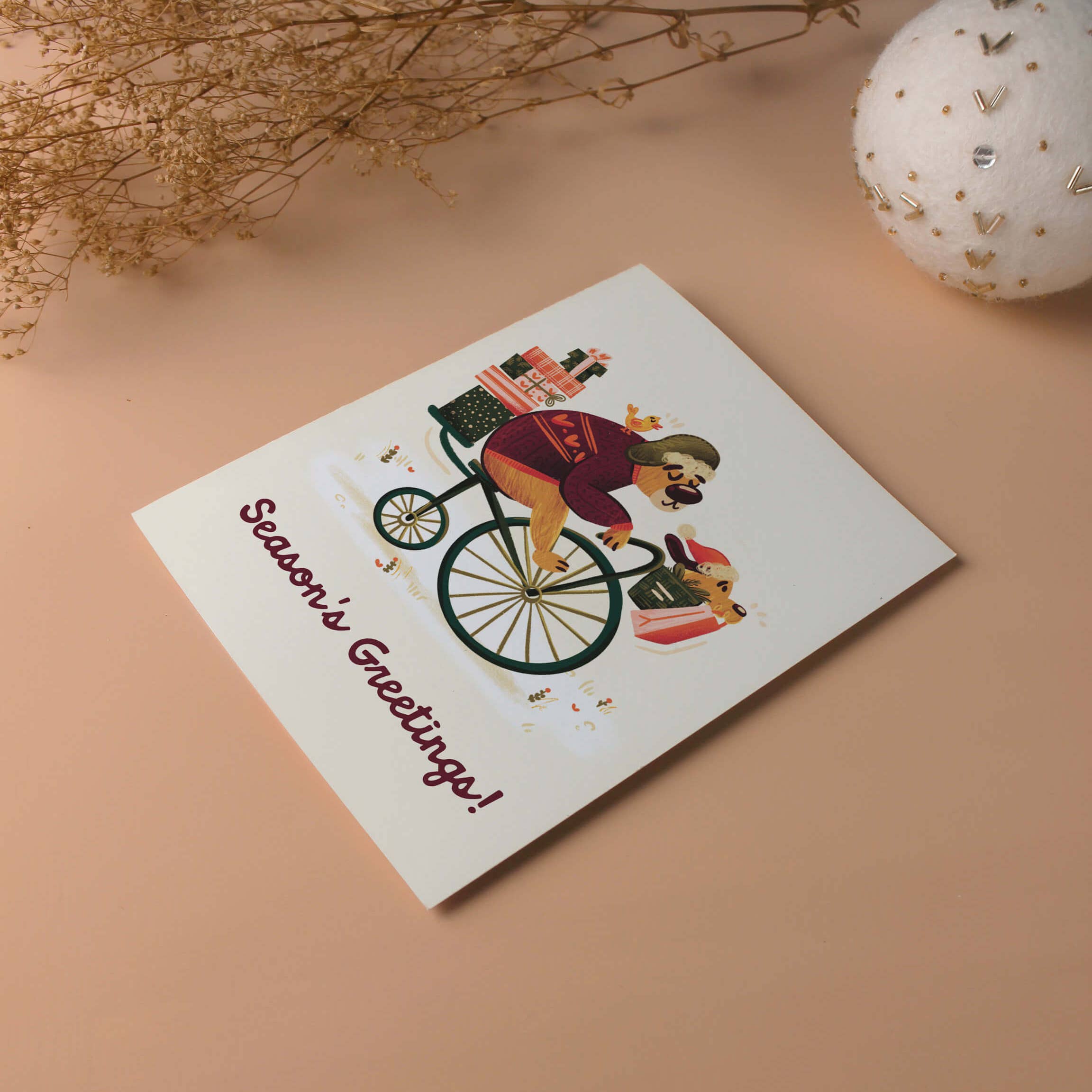 Wallflower Studio Co. - Wholesale Season's Greetings Card - Gift Delivery Bike Bear - Illustrated Holiday Card2
