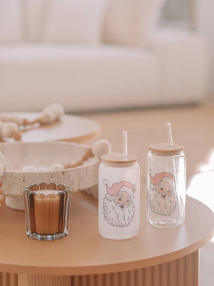 VINTAGE SANTA GLASS TUMBLER W/ BAMBOO LID & GLASS STRAW for wholesale by KNOTS + NOOK
