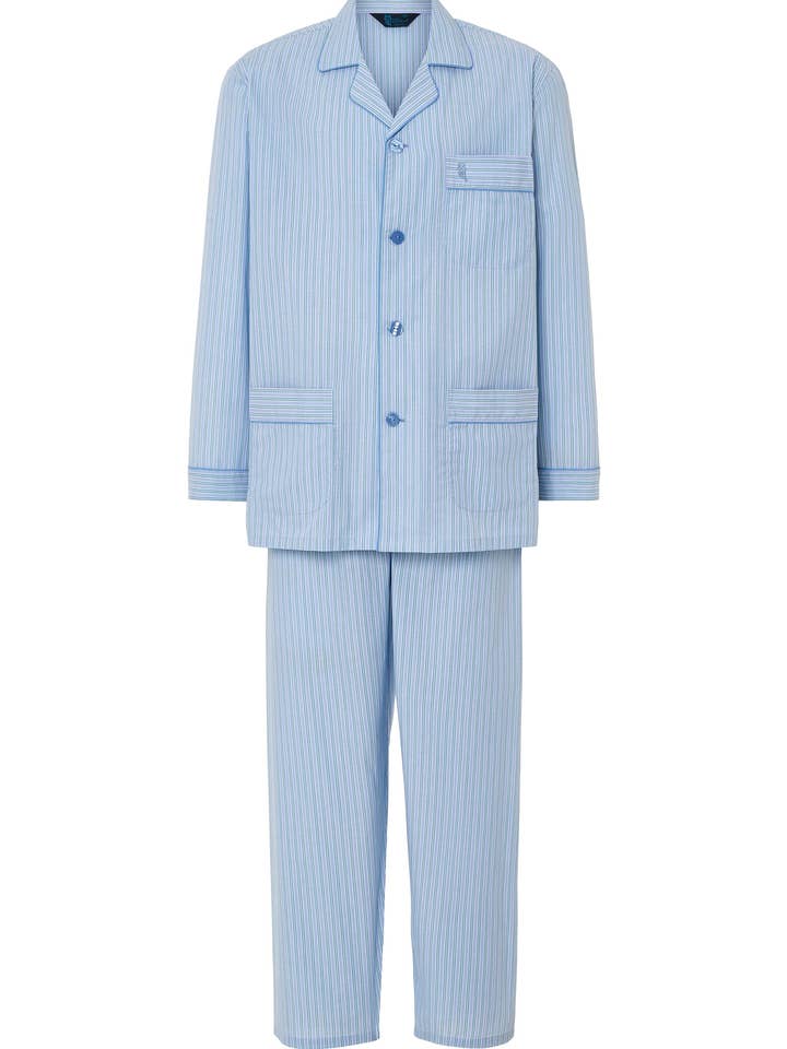 Men's Long Pajamas with Lapel Poplin Stripes - Green 1552_40 for wholesale by El Búho Nocturno