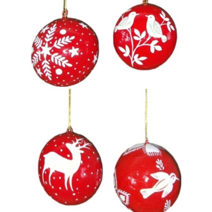 S/4 Red/White 8cm Hand Painted Papier Mache Xmas Hangings for wholesale by Status Collections
