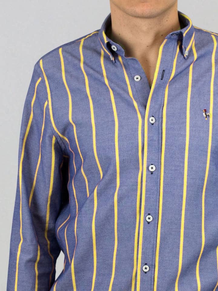 Camisa oxford lavada risca amarela por atacado de Patadegayo