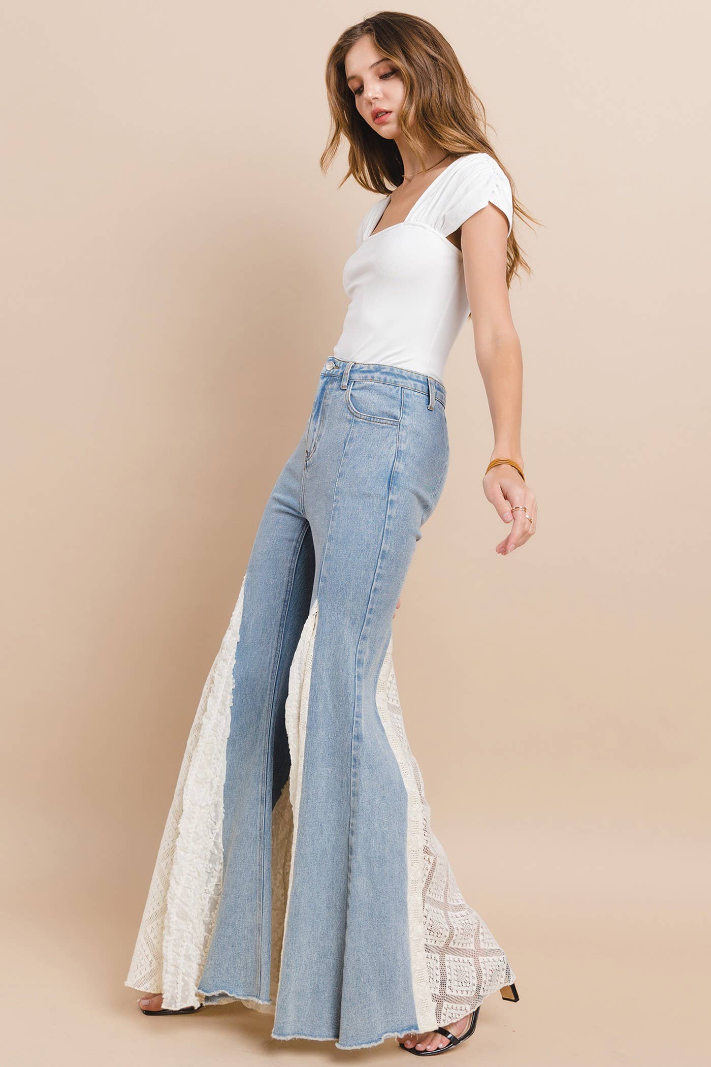 LACE DETAIL WIDE LEG JEANS 2481PIB LIGHT DENIM  for wholesale on Faire1