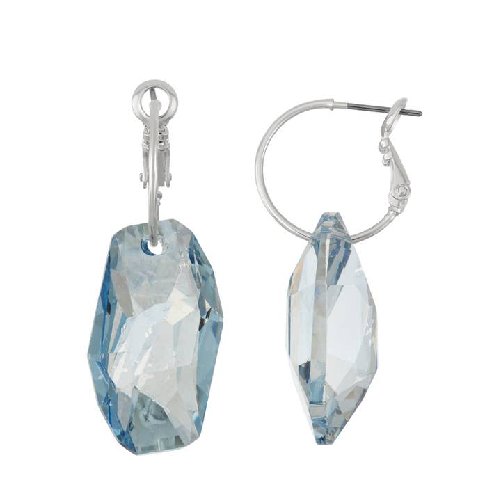 Sterling Silver Hoops with 28mm Blue Shade Crystal Dangles for wholesale by Luxe on Main LLC