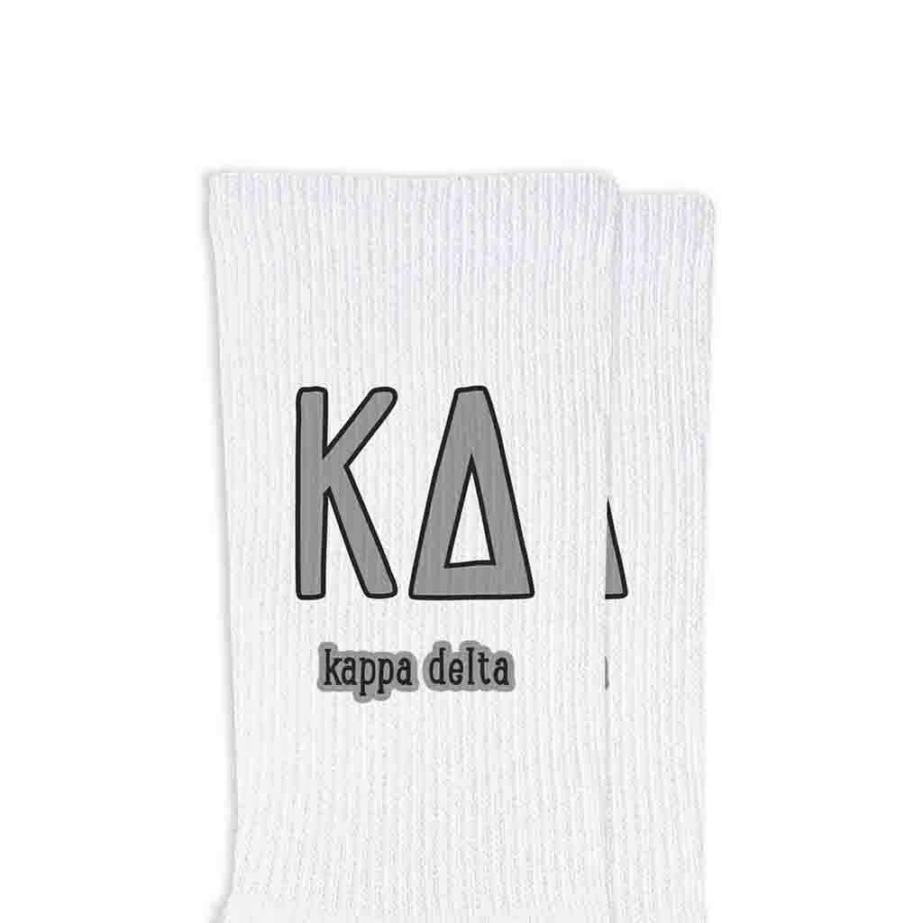 White Sorority Crew Socks with Name and Letters in Sorority Colors for wholesale on Faire15