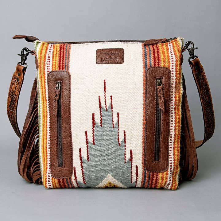LS Western - Wholesale Crossbody Bag - Women's - ADBGZ365 Tooled Leather & Tribal Wool Crossbody Bag - Western Fringe Shoulder Purse5