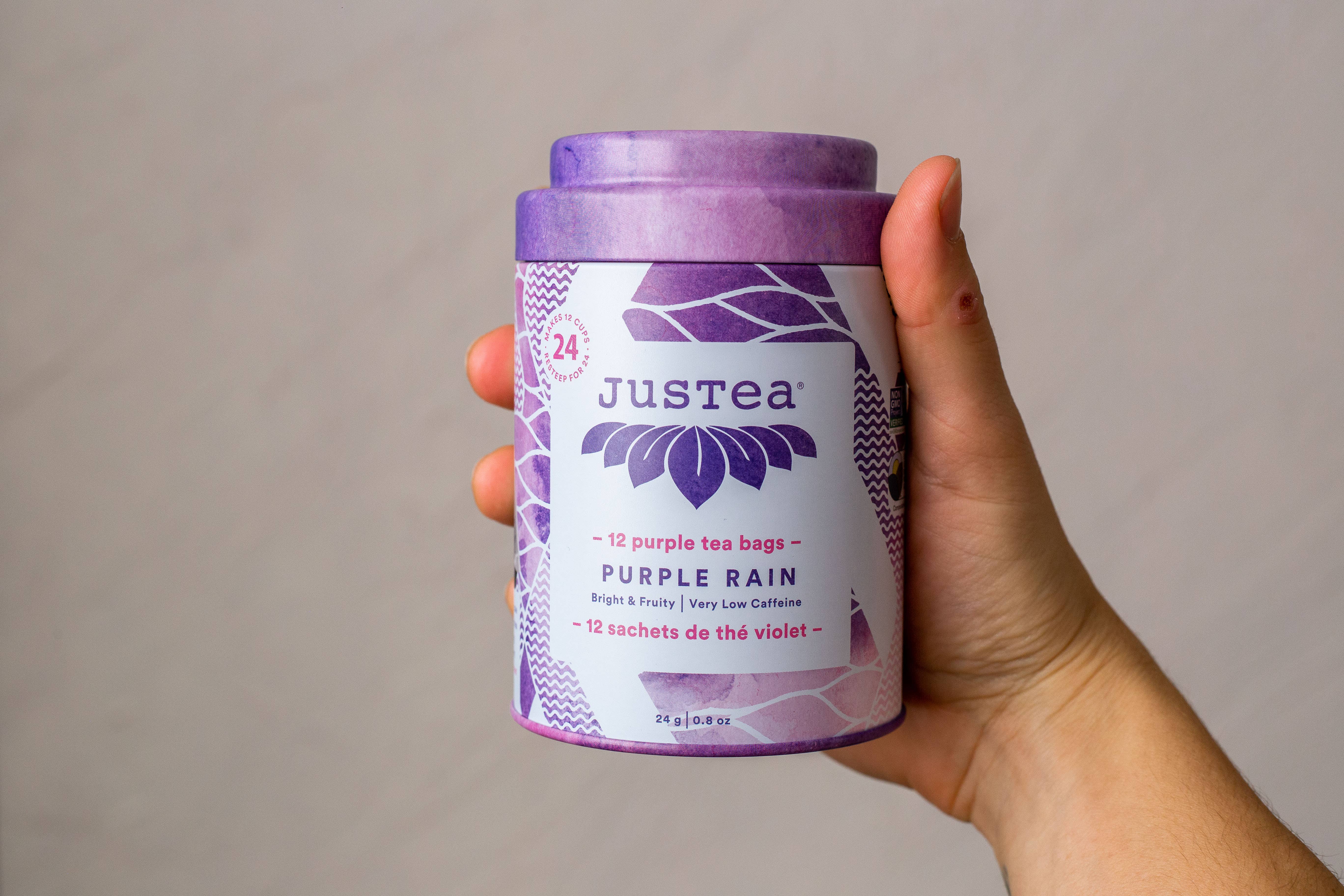 JusTea (No Import Fees to USA) - Wholesale Tea Bags - Purple Rain Tea Bag Tin - Organic, Fair-Trade, Purple Tea4