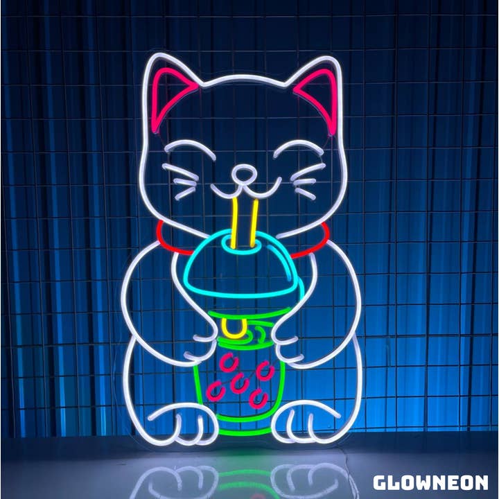 Glow Neon - Wholesale Neon Sign - Lucky Cat Neon Sign, Bubble Tea Shop Decor, Fortune Cat Sign